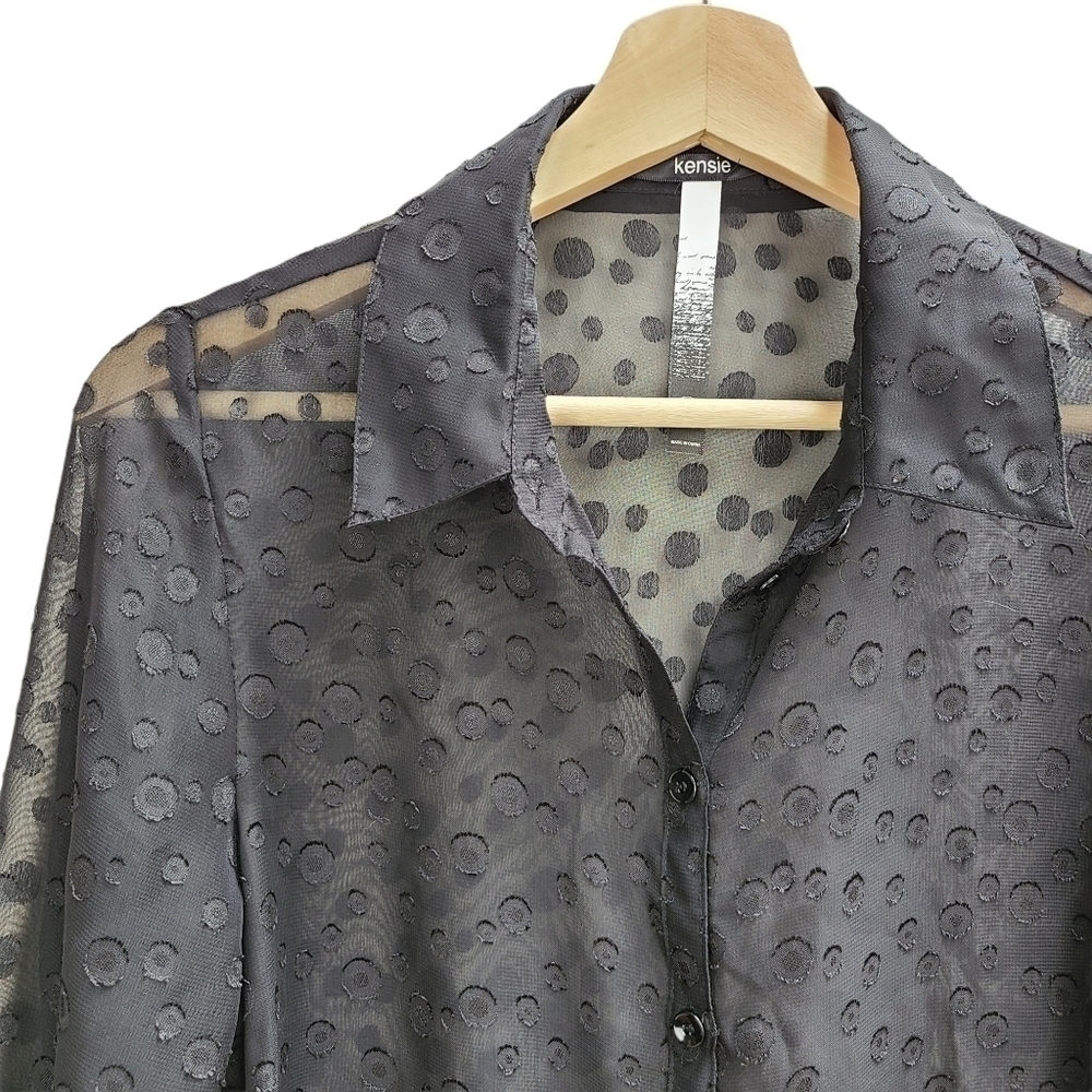 Kensie Sheer Black Button-down Blouse with Polkadots, Size Medium - Picture 2 of 6